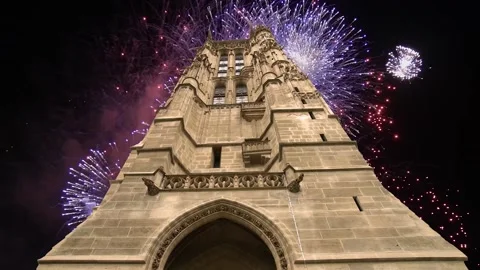 Fireworks over the Saint-Jacques Tower (Tour Saint-Jacques). Paris, France Stock Footage 253638598