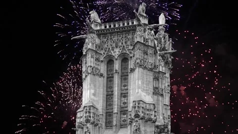 Fireworks over the Saint-Jacques Tower (Tour Saint-Jacques). Paris, France Stock Footage 253638607