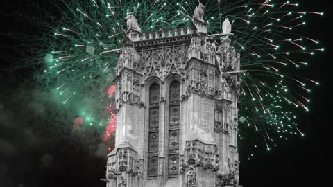 Fireworks over the Saint-Jacques Tower (Tour Saint-Jacques). Paris, France Stock Footage 253638622