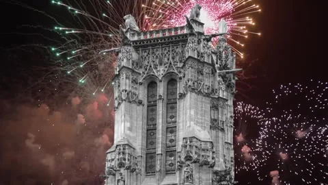 Fireworks over the Saint-Jacques Tower (Tour Saint-Jacques). Paris, France Stock Footage 253638628