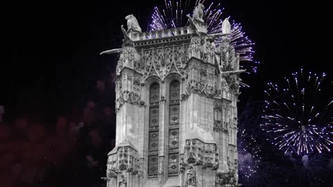 Fireworks over the Saint-Jacques Tower (Tour Saint-Jacques). Paris, France Stock Footage 253638633