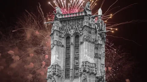 Fireworks over the Saint-Jacques Tower (Tour Saint-Jacques). Paris, France Stock Footage 253638643
