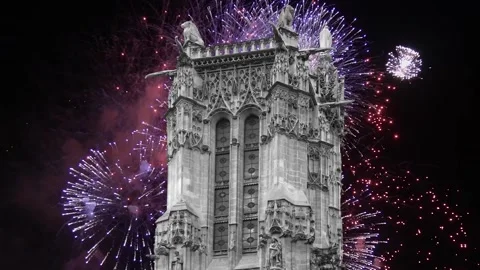 Fireworks over the Saint-Jacques Tower (Tour Saint-Jacques). Paris, France Stock Footage 253638648