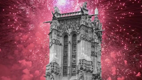 Fireworks over the Saint-Jacques Tower (Tour Saint-Jacques). Paris, France Stock Footage 253638652
