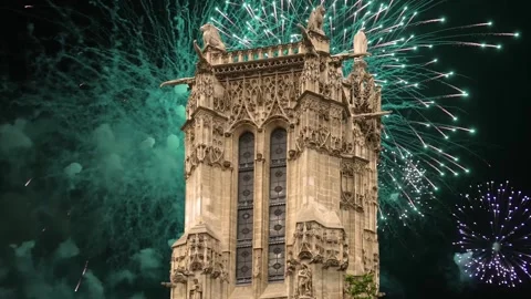 Fireworks over the Saint-Jacques Tower (Tour Saint-Jacques). Paris, France Stock Footage 253638655