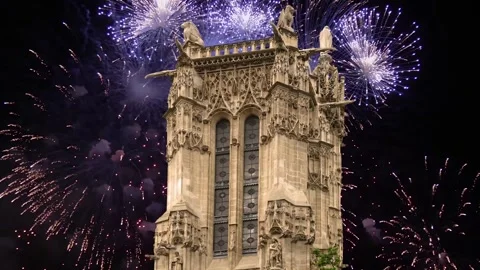 Fireworks over the Saint-Jacques Tower (Tour Saint-Jacques). Paris, France Stock Footage 253638659