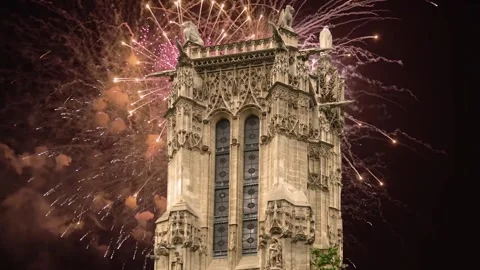 Fireworks over the Saint-Jacques Tower (Tour Saint-Jacques). Paris, France Stock Footage 253638666