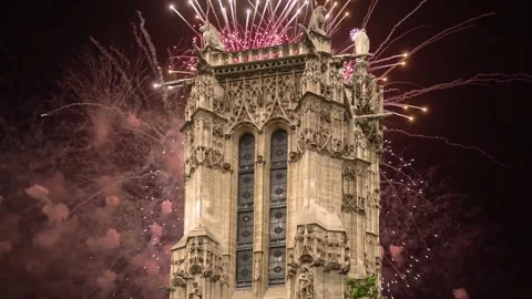 Fireworks over the Saint-Jacques Tower (Tour Saint-Jacques). Paris, France Stock Footage 253638669