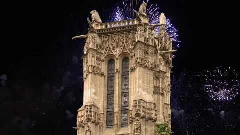 Fireworks over the Saint-Jacques Tower (Tour Saint-Jacques). Paris, France Stock Footage 253638670