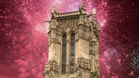 Fireworks over the Saint-Jacques Tower (Tour Saint-Jacques). Paris, France Stock Footage 253638678