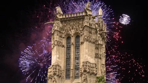 Fireworks over the Saint-Jacques Tower (Tour Saint-Jacques). Paris, France Stock Footage 253638684