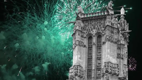 Fireworks over the Saint-Jacques Tower (Tour Saint-Jacques). Paris, France Stock Footage 253638685