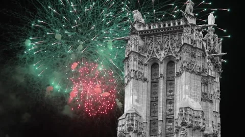 Fireworks over the Saint-Jacques Tower (Tour Saint-Jacques). Paris, France Stock Footage 253638692
