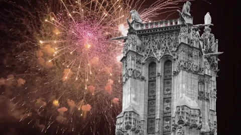 Fireworks over the Saint-Jacques Tower (Tour Saint-Jacques). Paris, France Stock Footage 253638696