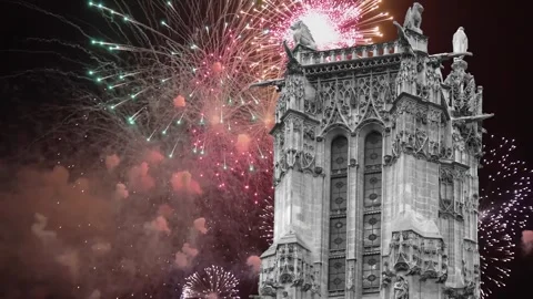 Fireworks over the Saint-Jacques Tower (Tour Saint-Jacques). Paris, France Stock Footage 253638698