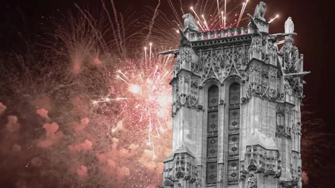 Fireworks over the Saint-Jacques Tower (Tour Saint-Jacques). Paris, France Stock Footage 253638701