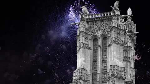 Fireworks over the Saint-Jacques Tower (Tour Saint-Jacques). Paris, France Stock Footage 253638704