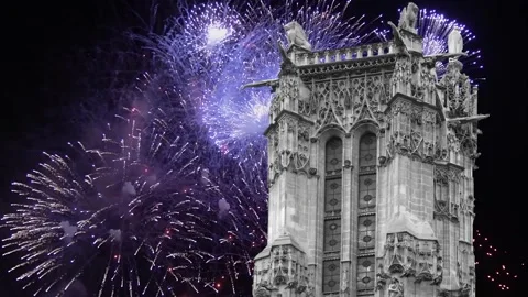 Fireworks over the Saint-Jacques Tower (Tour Saint-Jacques). Paris, France Stock Footage 253638705