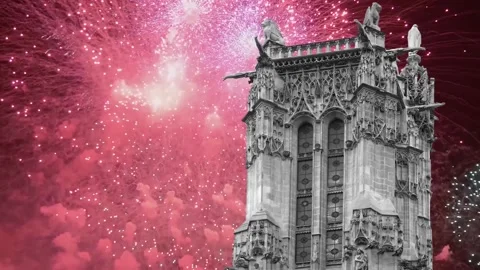 Fireworks over the Saint-Jacques Tower (Tour Saint-Jacques). Paris, France Stock Footage 253638708