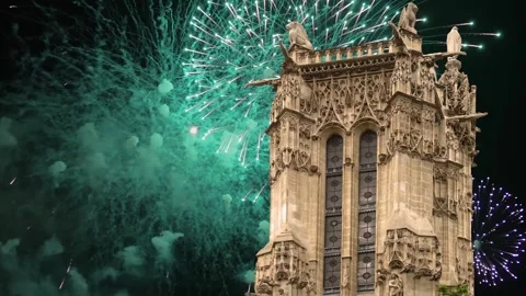 Fireworks over the Saint-Jacques Tower (Tour Saint-Jacques). Paris, France Stock Footage 253638710