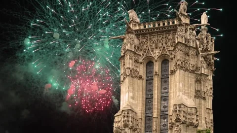 Fireworks over the Saint-Jacques Tower (Tour Saint-Jacques). Paris, France Stock Footage 253638719