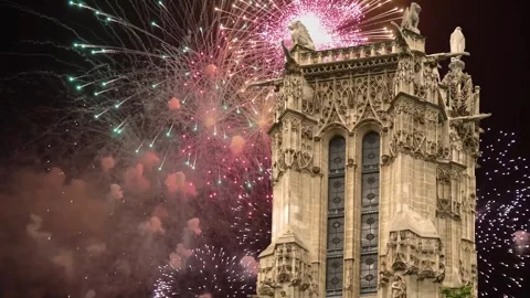 Fireworks over the Saint-Jacques Tower (Tour Saint-Jacques). Paris, France Stock Footage 253638722