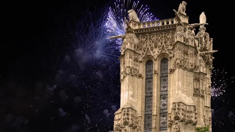 Fireworks over the Saint-Jacques Tower (Tour Saint-Jacques). Paris, France Stock Footage 253638729
