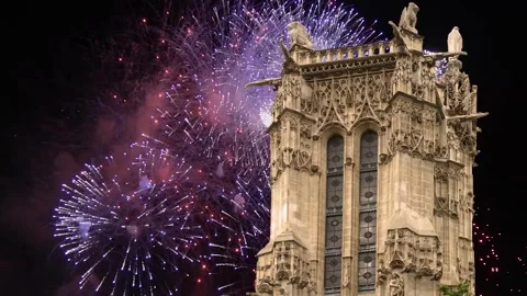 Fireworks over the Saint-Jacques Tower (Tour Saint-Jacques). Paris, France Stock Footage 253638731