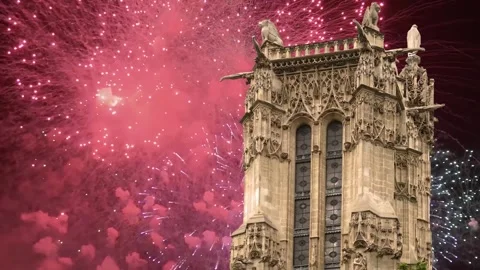 Fireworks over the Saint-Jacques Tower (Tour Saint-Jacques). Paris, France Stock Footage 253638735
