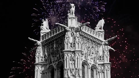 Fireworks over the Saint-Jacques Tower (Tour Saint-Jacques). Paris, France Stock Footage 253638736