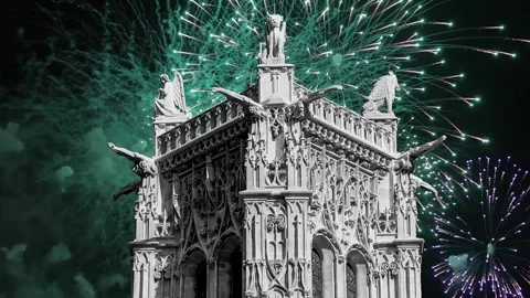 Fireworks over the Saint-Jacques Tower (Tour Saint-Jacques). Paris, France Stock Footage 253638737