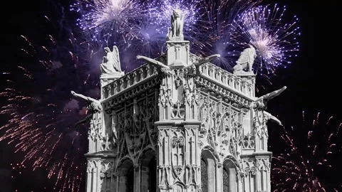 Fireworks over the Saint-Jacques Tower (Tour Saint-Jacques). Paris, France Stock Footage 253638739