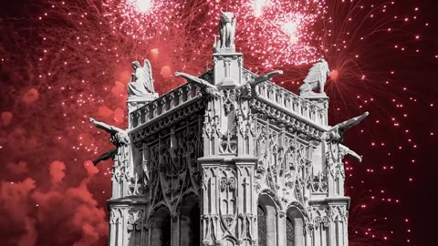 Fireworks over the Saint-Jacques Tower (Tour Saint-Jacques). Paris, France Stock Footage 253638741