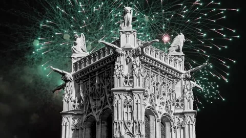 Fireworks over the Saint-Jacques Tower (Tour Saint-Jacques). Paris, France Stock Footage 253638744