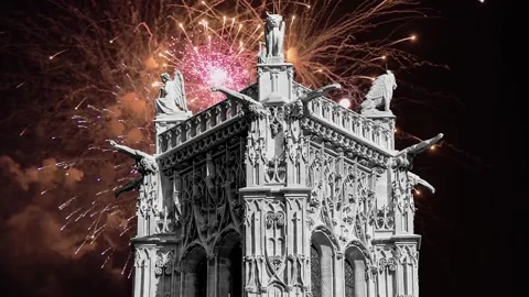 Fireworks over the Saint-Jacques Tower (Tour Saint-Jacques). Paris, France Stock Footage 253638745