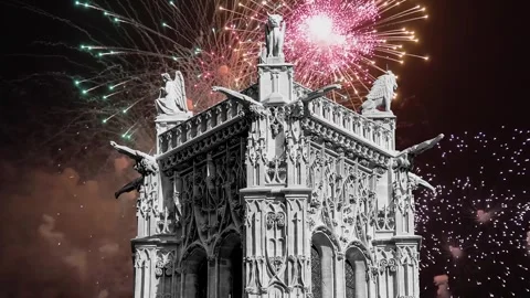 Fireworks over the Saint-Jacques Tower (Tour Saint-Jacques). Paris, France Stock Footage 253638748