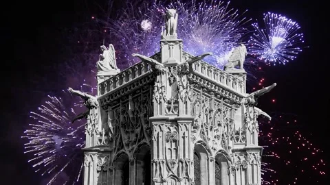 Fireworks over the Saint-Jacques Tower (Tour Saint-Jacques). Paris, France Stock Footage 253638754