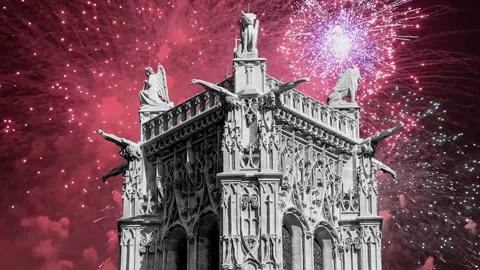 Fireworks over the Saint-Jacques Tower (Tour Saint-Jacques). Paris, France Stock Footage 253638760
