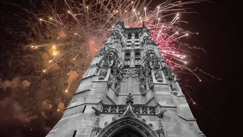 Fireworks over the Saint-Jacques Tower (Tour Saint-Jacques). Paris, France Stock Footage 253640489