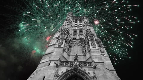 Fireworks over the Saint-Jacques Tower (Tour Saint-Jacques). Paris, France Stock Footage 253640491