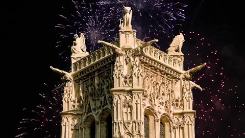 Fireworks over the Saint-Jacques Tower (Tour Saint-Jacques). Paris, France Stock Footage 253640728