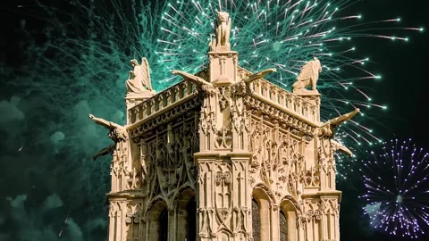 Fireworks over the Saint-Jacques Tower (Tour Saint-Jacques). Paris, France Stock Footage 253640732