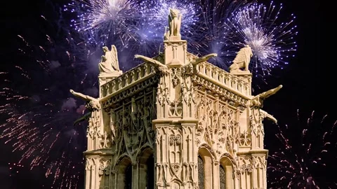 Fireworks over the Saint-Jacques Tower (Tour Saint-Jacques). Paris, France Stock Footage 253640741