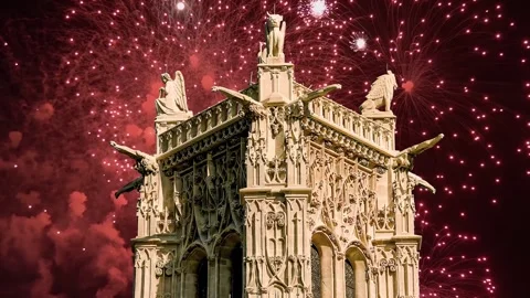 Fireworks over the Saint-Jacques Tower (Tour Saint-Jacques). Paris, France Stock Footage 253640745