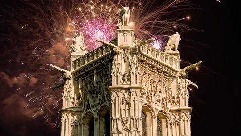 Fireworks over the Saint-Jacques Tower (Tour Saint-Jacques). Paris, France Stock Footage 253640754