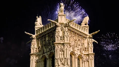 Fireworks over the Saint-Jacques Tower (Tour Saint-Jacques). Paris, France Stock Footage 253640765