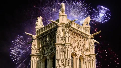 Fireworks over the Saint-Jacques Tower (Tour Saint-Jacques). Paris, France Stock Footage 253640767