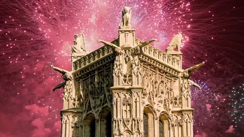 Fireworks over the Saint-Jacques Tower (Tour Saint-Jacques). Paris, France Stock Footage 253640769