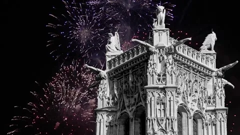 Fireworks over the Saint-Jacques Tower (Tour Saint-Jacques). Paris, France Stock Footage 253640775