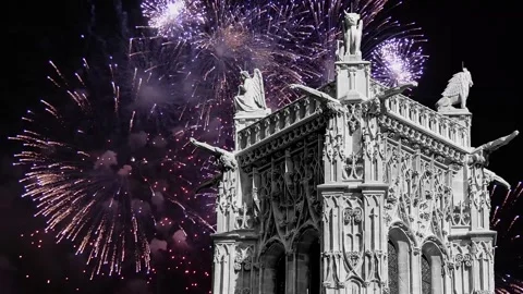 Fireworks over the Saint-Jacques Tower (Tour Saint-Jacques). Paris, France Stock Footage 253640784